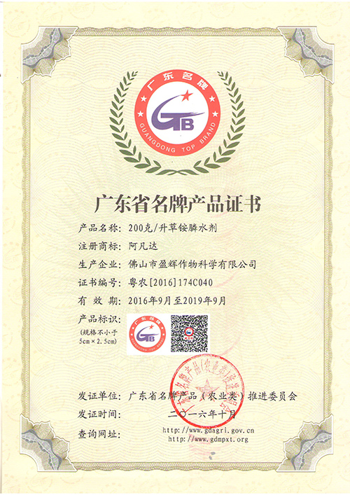 （阿凡达）广东省名牌产品证书-盈辉荣誉
